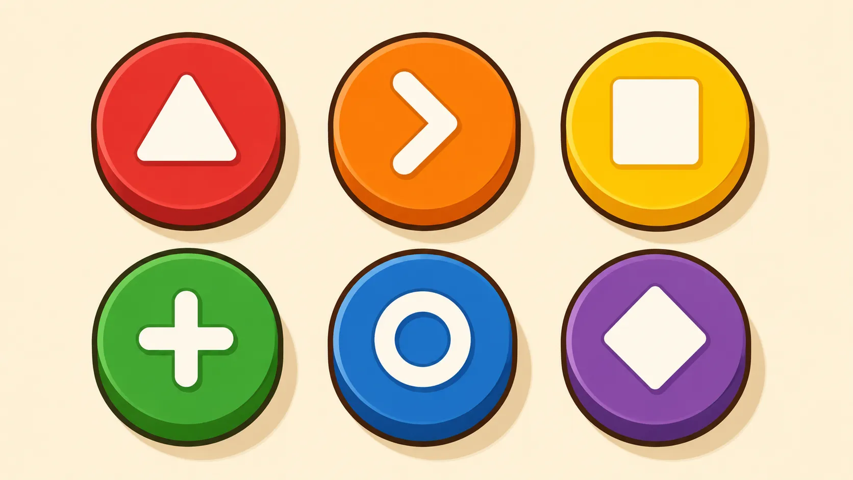 โทเคนเกม 6 สี แต่ละสีมีสัญลักษณ์รูปทรงต่างกัน — แนวคิด dual-coding ของ ColorSym